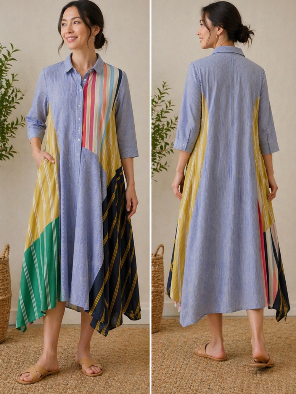 Alembika Asymmetrical Striped Button Front Midi Dress – Art-To-Wear, Size M